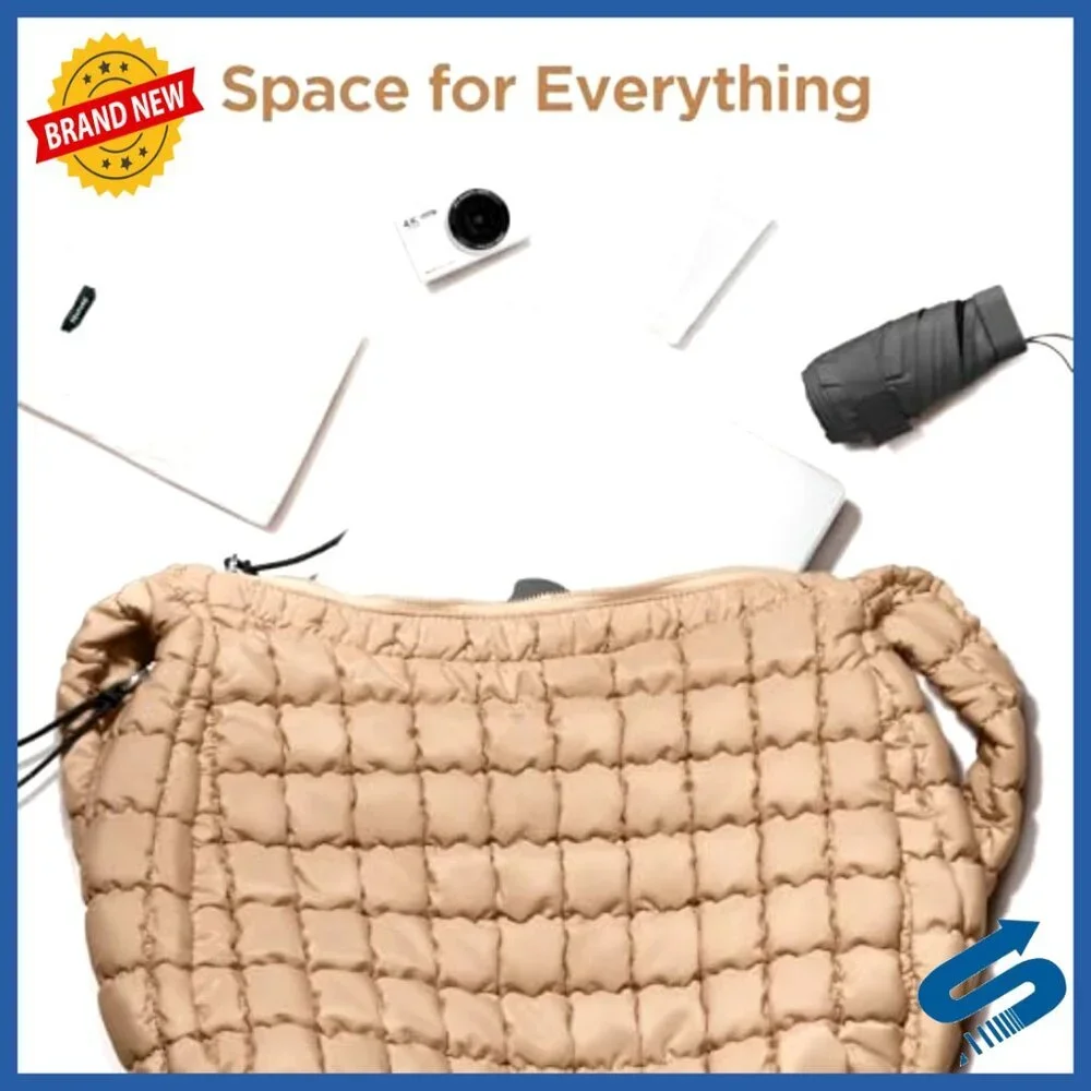 Large Quilted Puffer Tote Bag with Crossbody Strap, Multiple Pockets